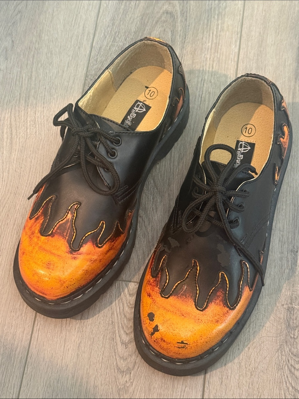 Anarchic Black Leather Lace-Up Shoes with Orange Flame Size 10